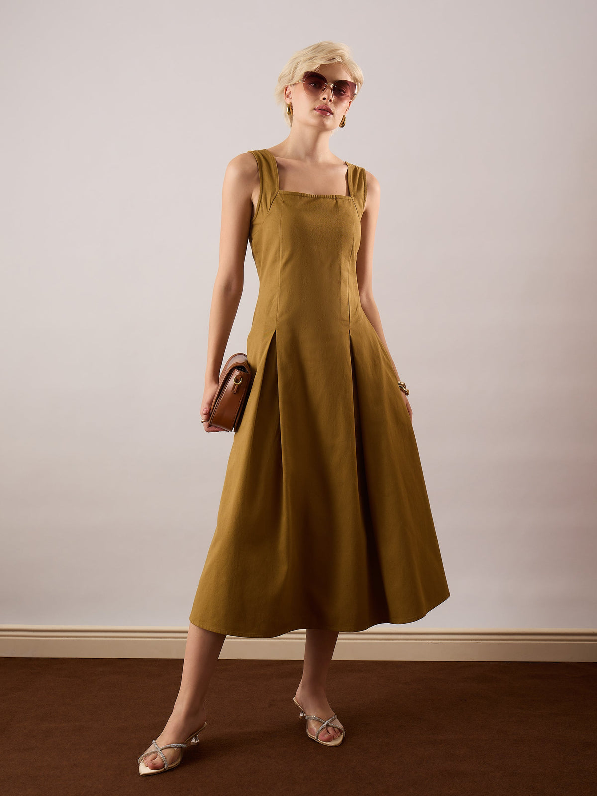 Khaki Brown Square-Neck Flared Midi Dress-SASSAFRAS