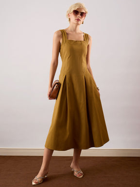 Khaki Brown Square-Neck Flared Midi Dress-SASSAFRAS