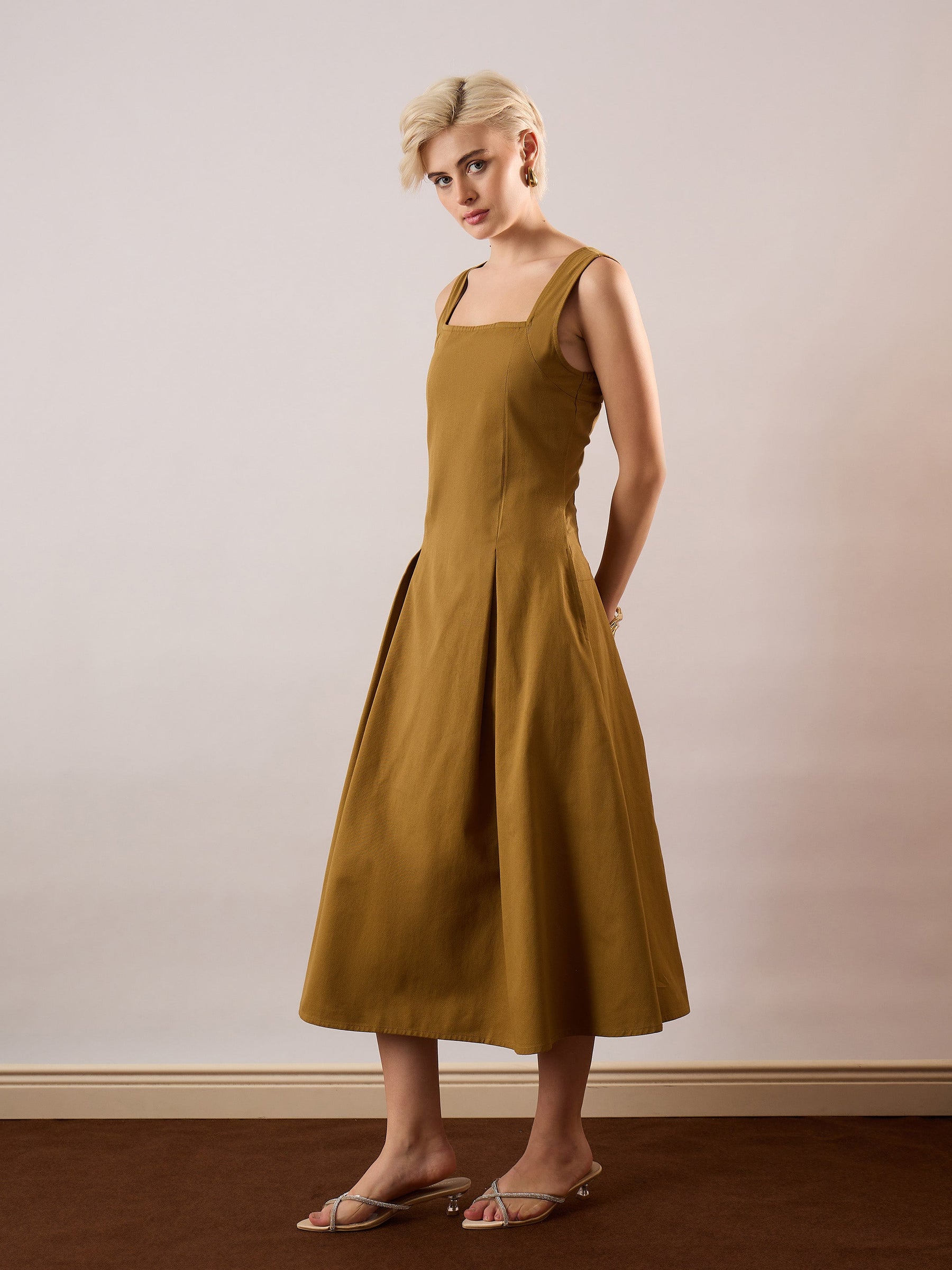 Khaki Brown Square-Neck Flared Midi Dress-SASSAFRAS