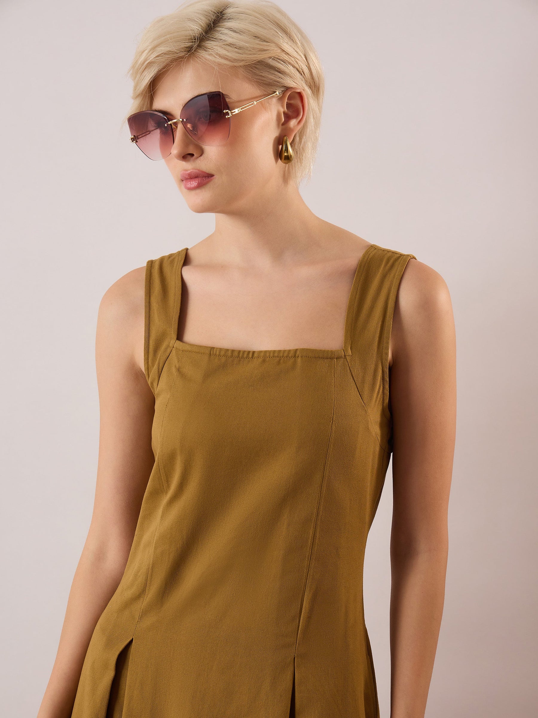 Khaki Brown Square-Neck Flared Midi Dress-SASSAFRAS