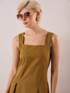 Khaki Brown Square-Neck Flared Midi Dress-SASSAFRAS