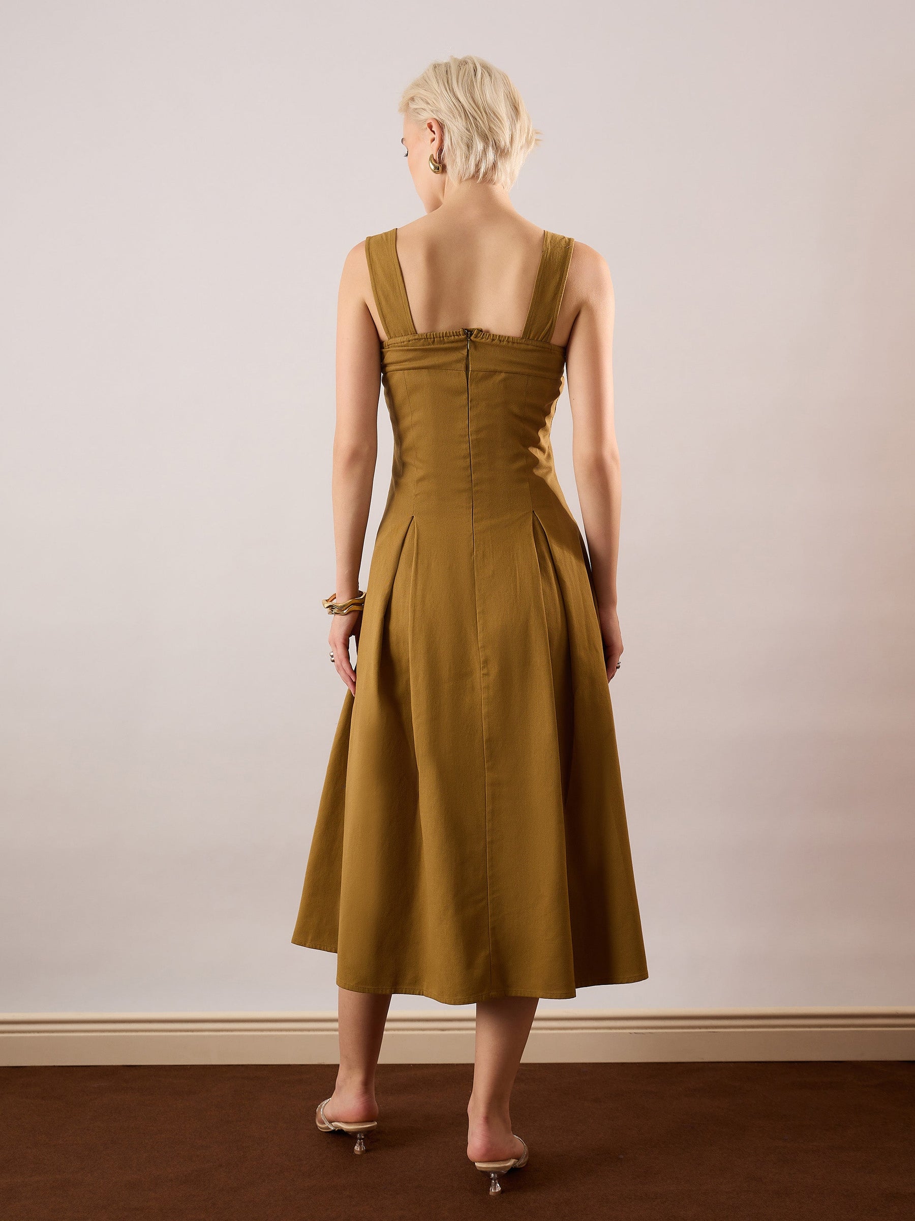 Khaki Brown Square-Neck Flared Midi Dress-SASSAFRAS