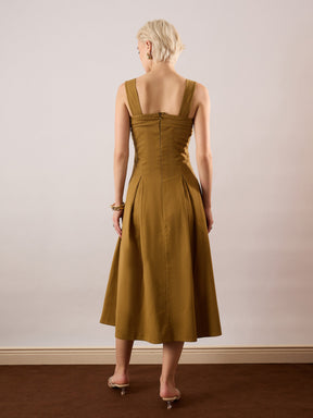 Khaki Brown Square-Neck Flared Midi Dress-SASSAFRAS