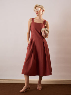 Rust Square-Neck Flared Midi Dress-SASSAFRAS