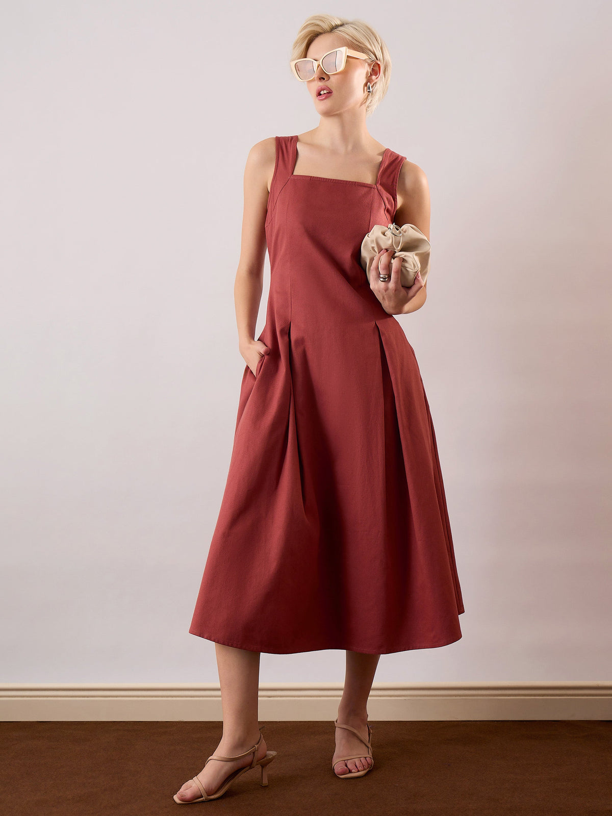 Rust Square-Neck Flared Midi Dress-SASSAFRAS
