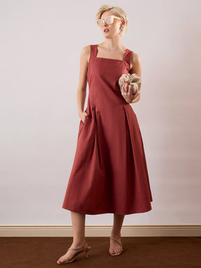 Rust Square-Neck Flared Midi Dress-SASSAFRAS