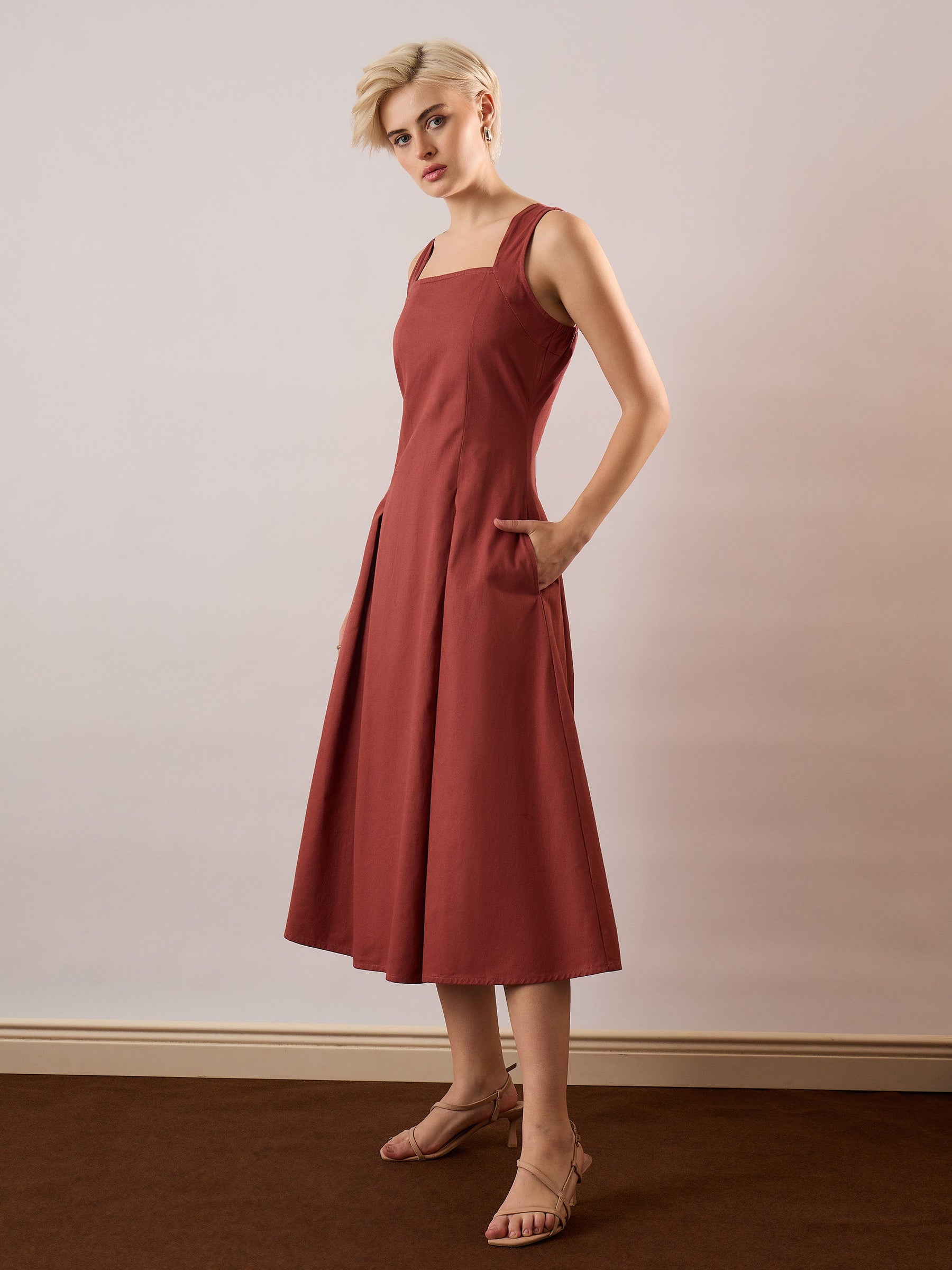 Rust Square-Neck Flared Midi Dress-SASSAFRAS