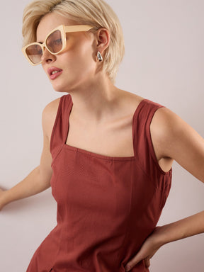 Rust Square-Neck Flared Midi Dress-SASSAFRAS