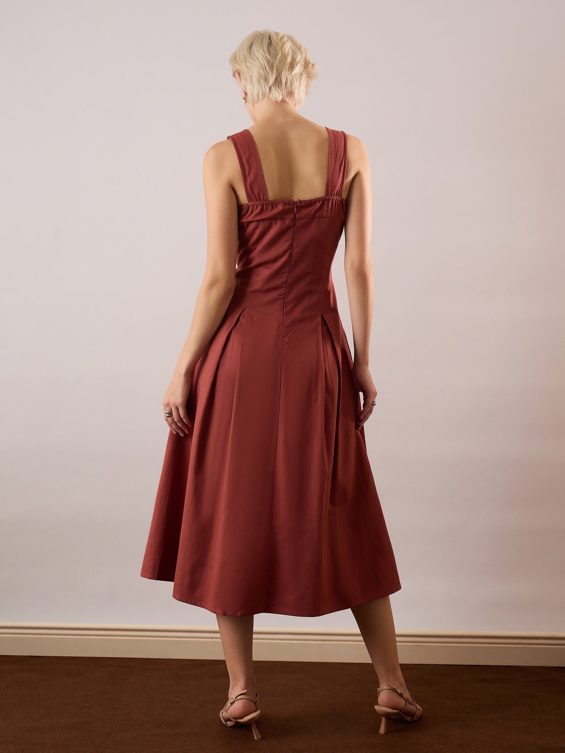 Rust Square-Neck Flared Midi Dress-SASSAFRAS