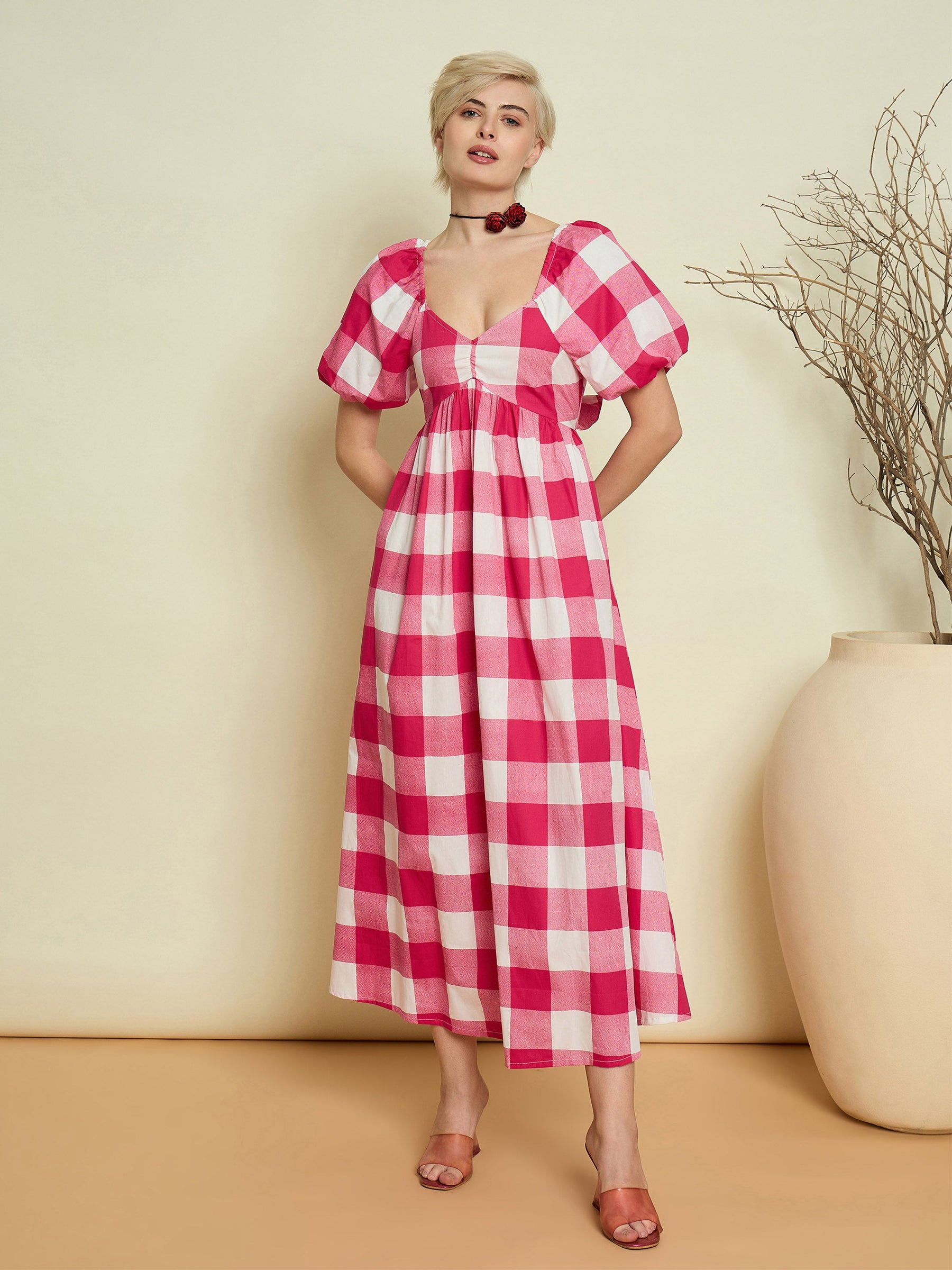 Pink Big Check Back Tie Knot Midi Dress-Pink Paprika By SASSAFRAS