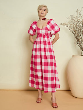Pink Big Check Back Tie Knot Midi Dress-Pink Paprika By SASSAFRAS