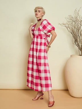 Pink Big Check Back Tie Knot Midi Dress-Pink Paprika By SASSAFRAS