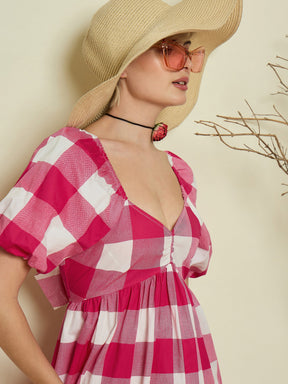 Pink Big Check Back Tie Knot Midi Dress-Pink Paprika By SASSAFRAS