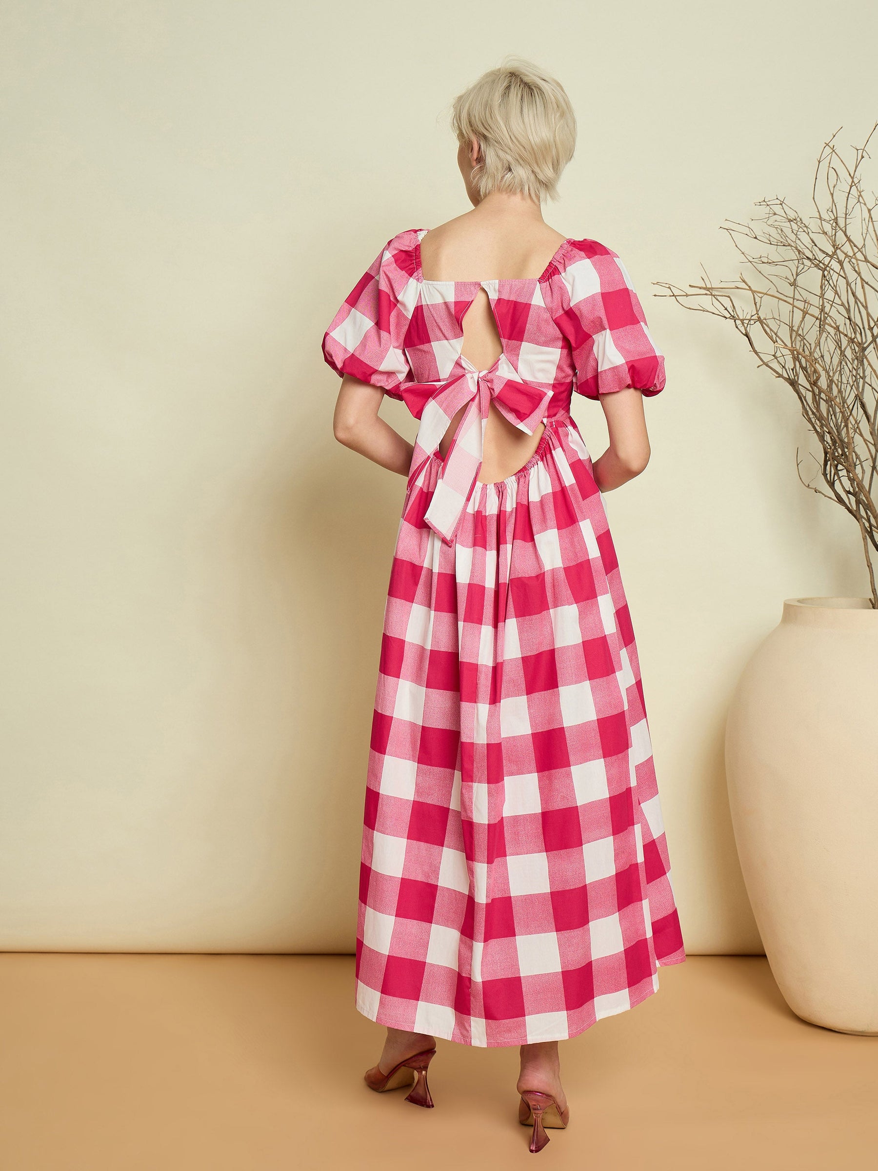Pink Big Check Back Tie Knot Midi Dress-Pink Paprika By SASSAFRAS