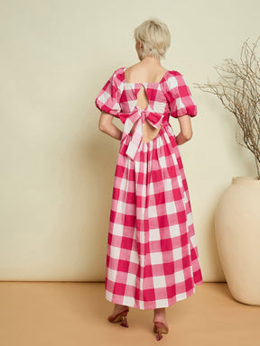 Pink Big Check Back Tie Knot Midi Dress-Pink Paprika By SASSAFRAS