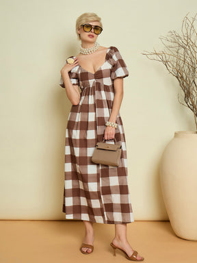 Brown Big Check Back Tie Knot Midi Dress-Pink Paprika By SASSAFRAS