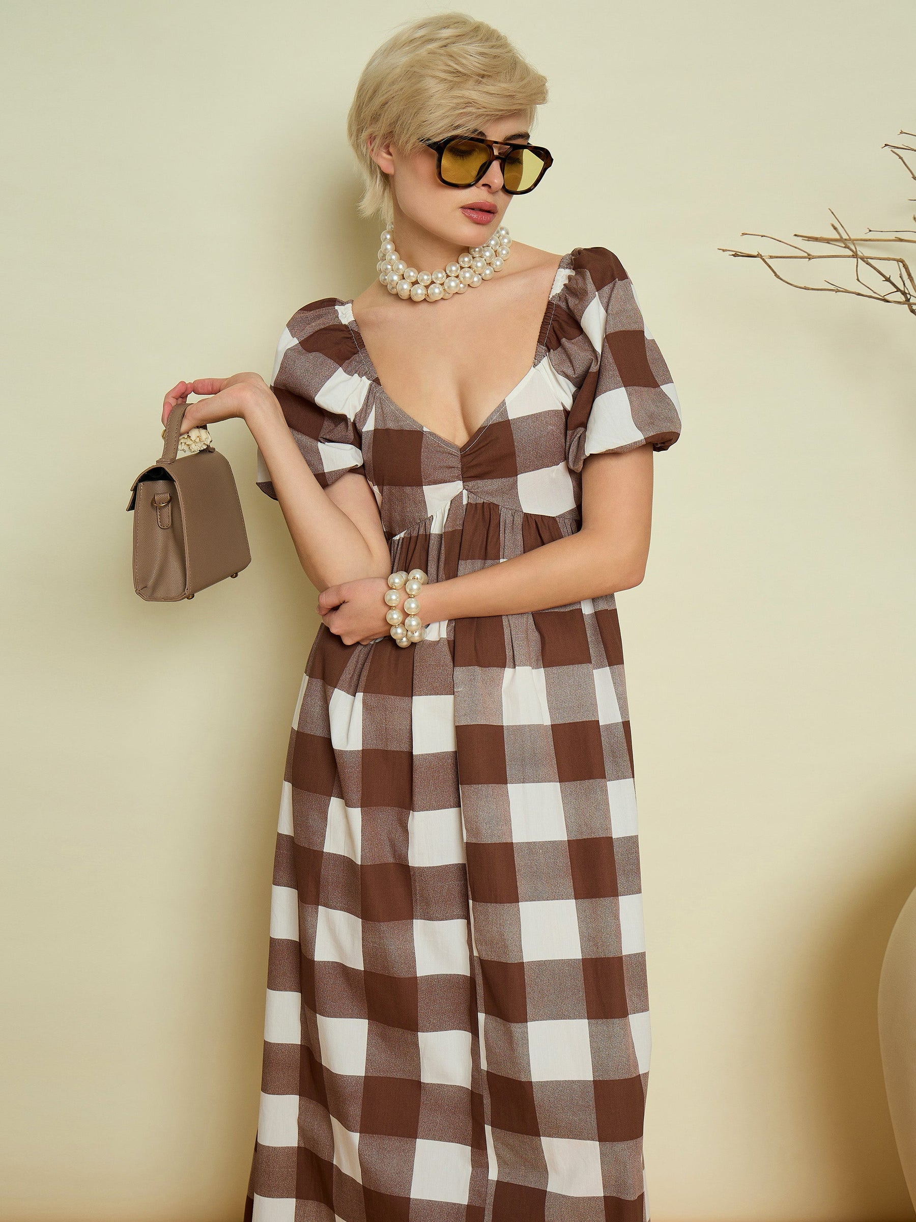 Brown Big Check Back Tie Knot Midi Dress-Pink Paprika By SASSAFRAS