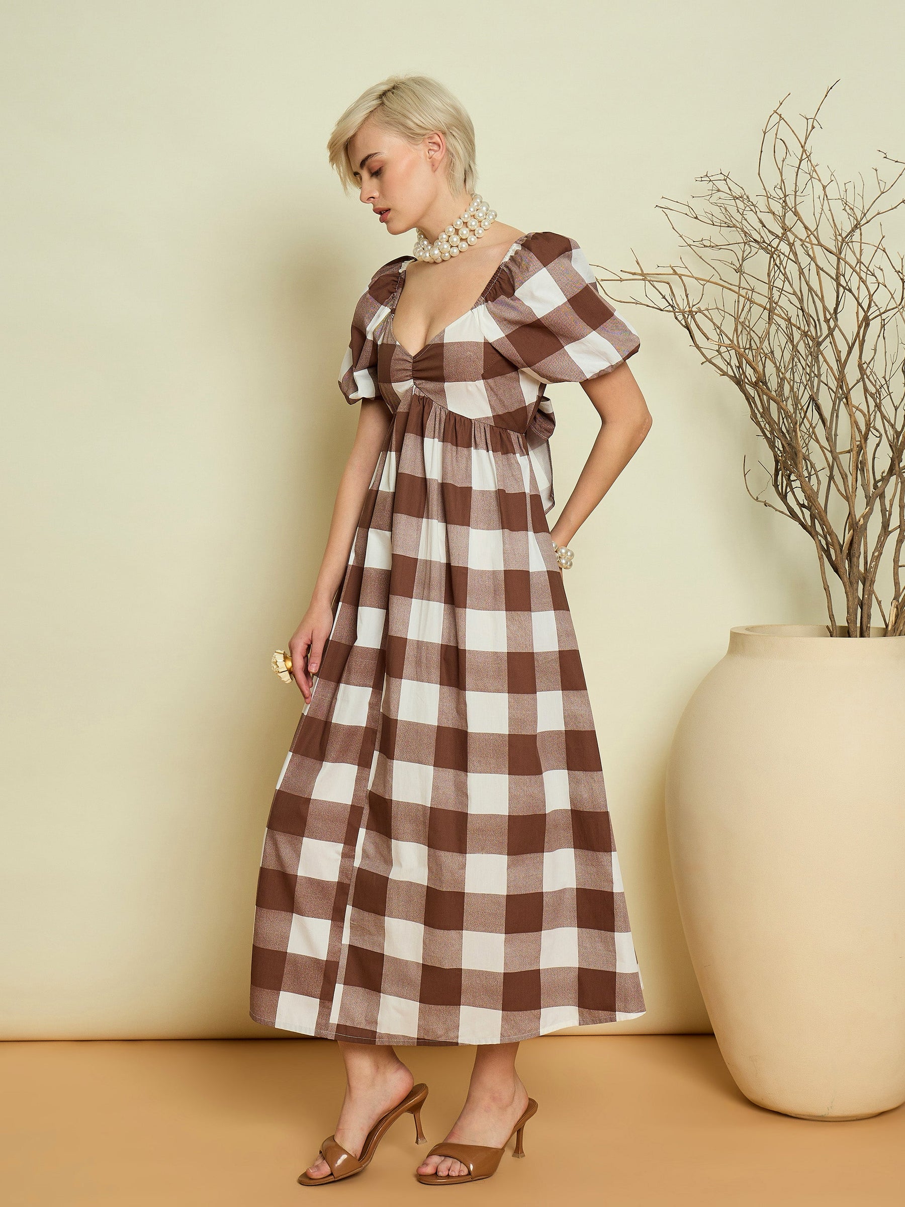 Brown Big Check Back Tie Knot Midi Dress-Pink Paprika By SASSAFRAS