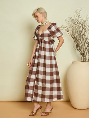 Brown Big Check Back Tie Knot Midi Dress-Pink Paprika By SASSAFRAS