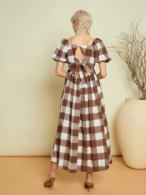 Brown Big Check Back Tie Knot Midi Dress-Pink Paprika By SASSAFRAS