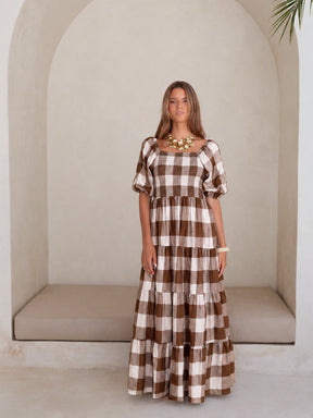 Women Brown Big Check Smoking Tired Maxi Dress