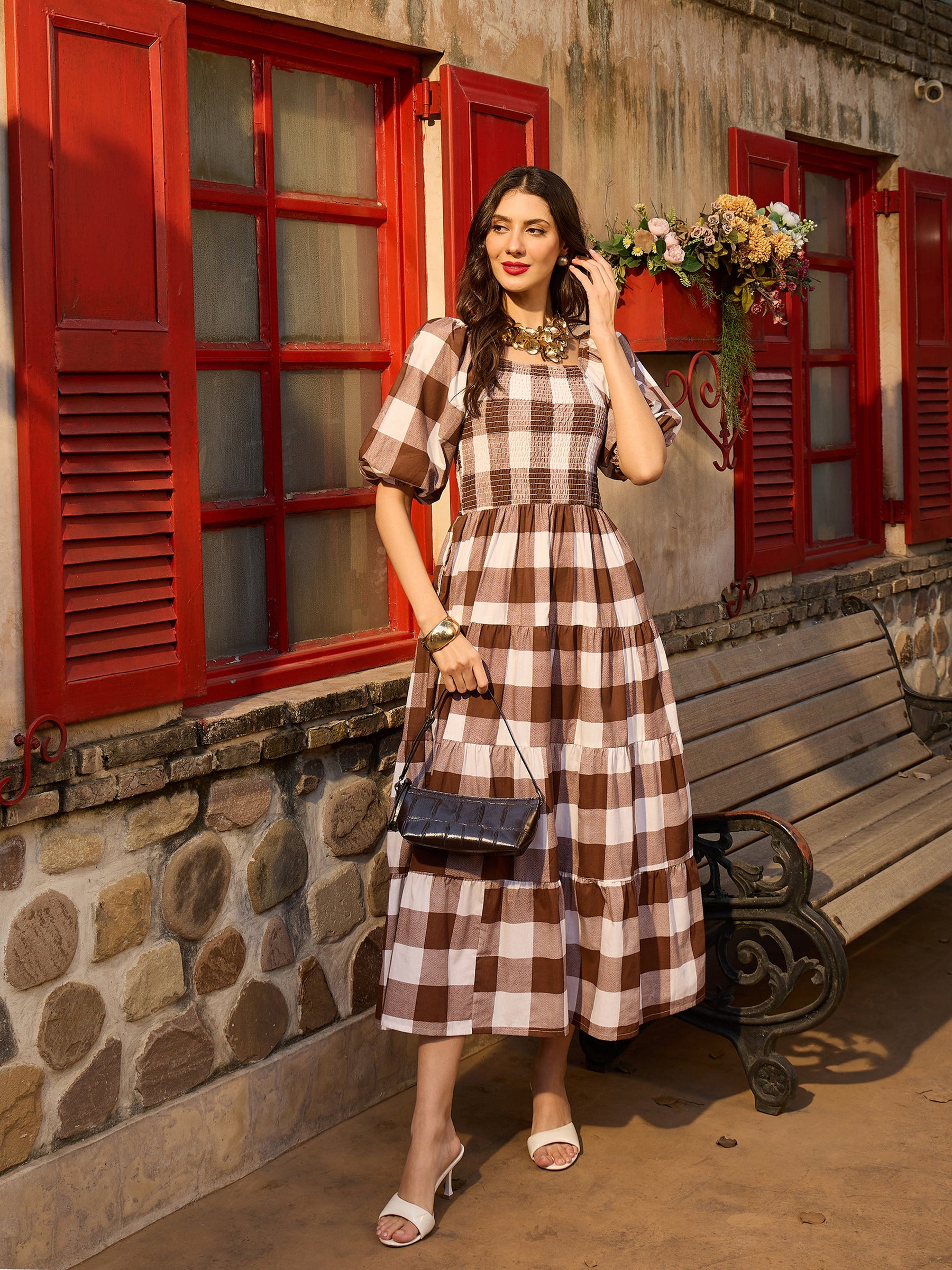 Women Brown Big Check Smoking Tired Maxi Dress