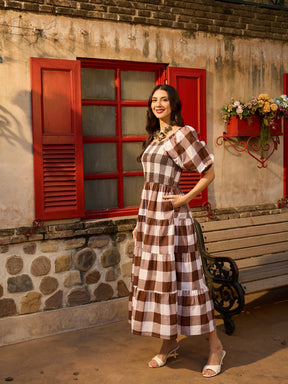 Women Brown Big Check Smoking Tired Maxi Dress