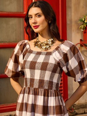 Women Brown Big Check Smoking Tired Maxi Dress