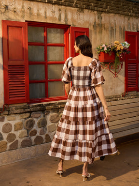 Women Brown Big Check Smoking Tired Maxi Dress