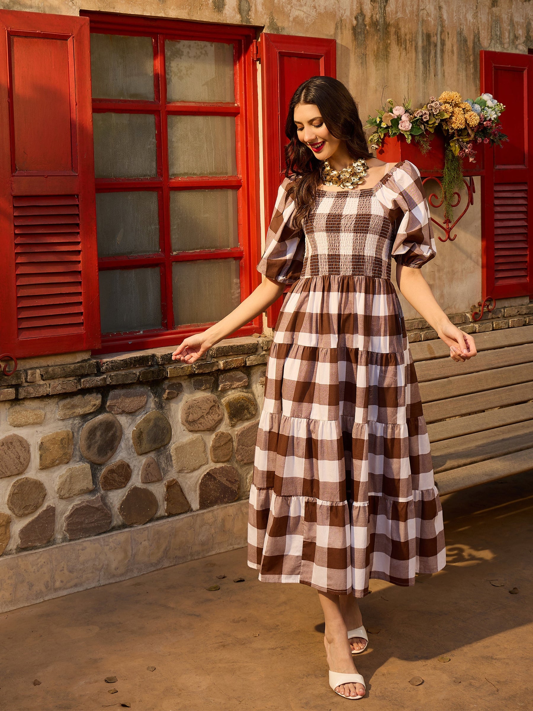 Women Brown Big Check Smoking Tired Maxi Dress