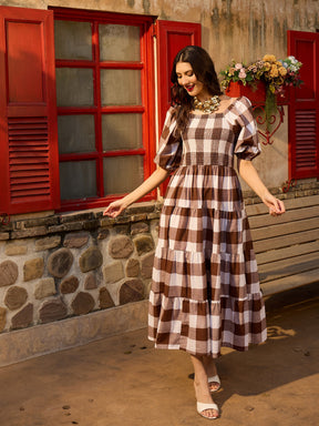 Women Brown Big Check Smoking Tired Maxi Dress