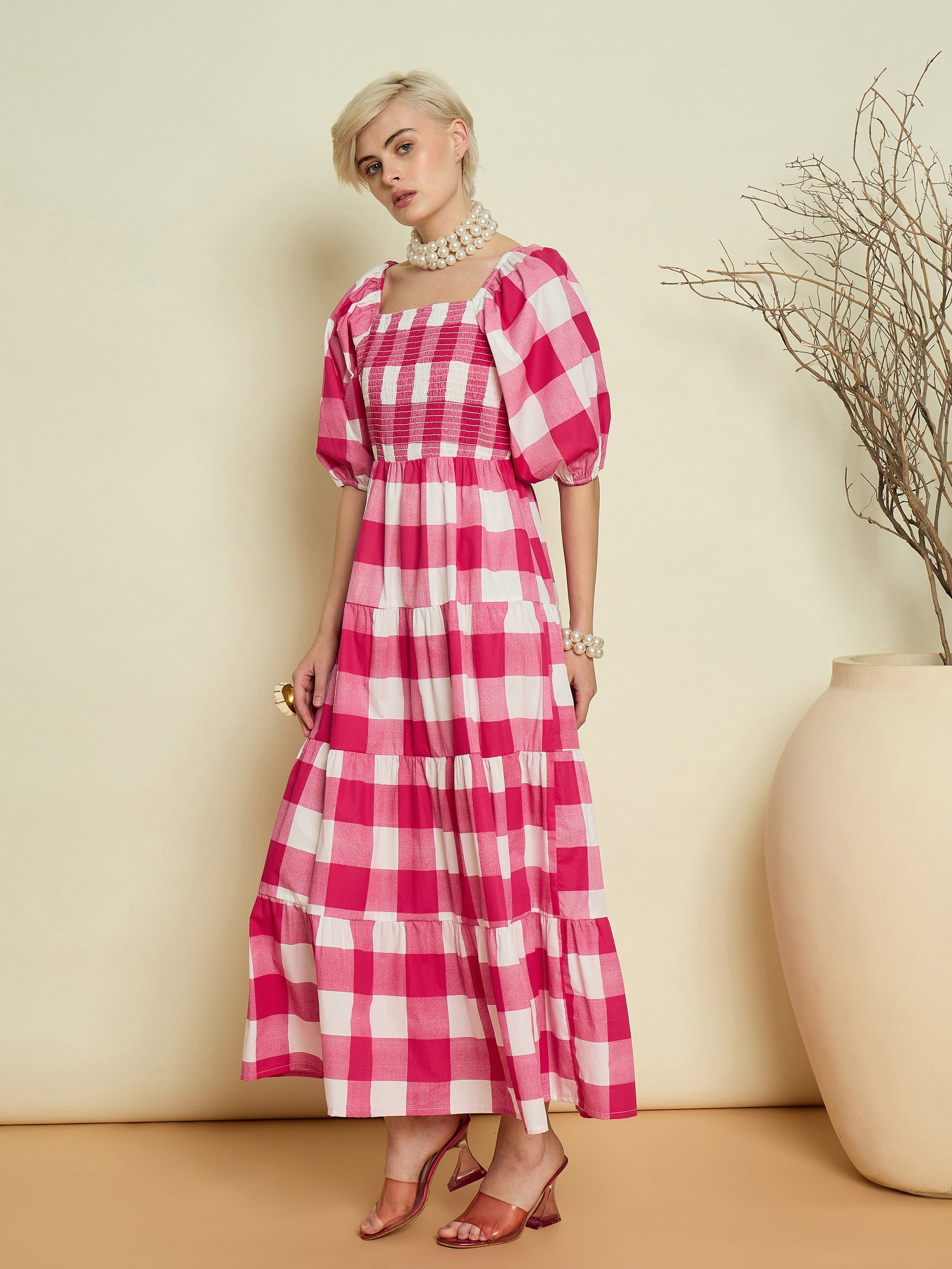 Pink Big Check Smoking Tired Maxi Dress-Pink Paprika By SASSAFRAS