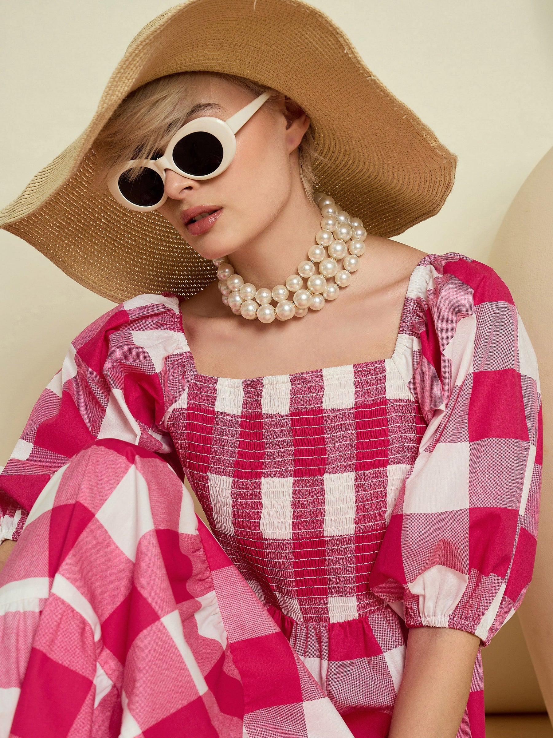 Pink Big Check Smoking Tired Maxi Dress-Pink Paprika By SASSAFRAS