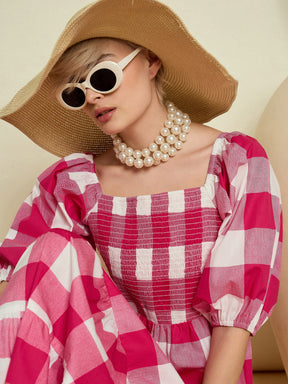 Pink Big Check Smoking Tired Maxi Dress-Pink Paprika By SASSAFRAS