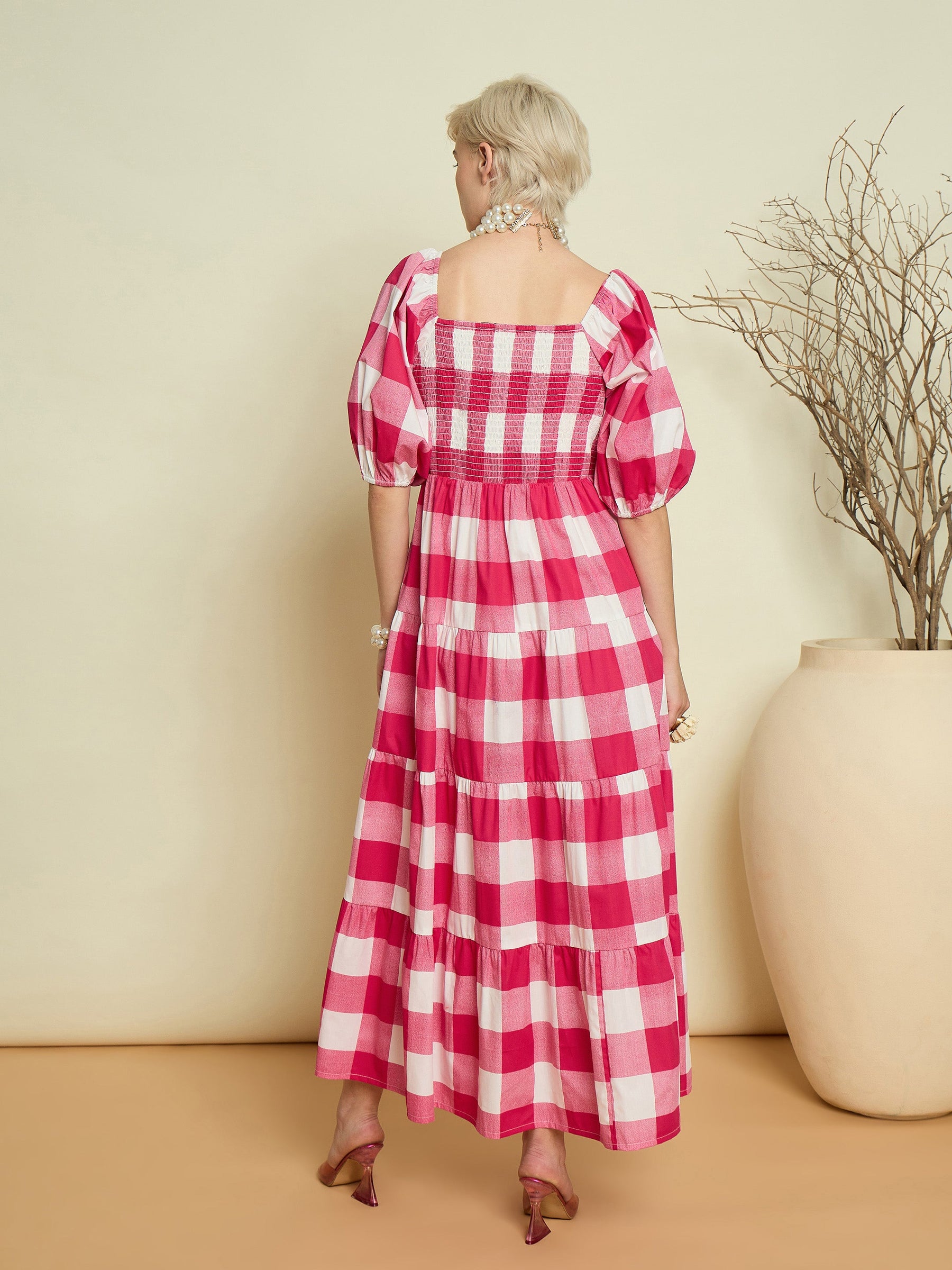 Pink Big Check Smoking Tired Maxi Dress-Pink Paprika By SASSAFRAS