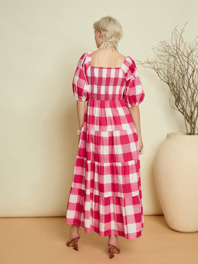 Pink Big Check Smoking Tired Maxi Dress-Pink Paprika By SASSAFRAS