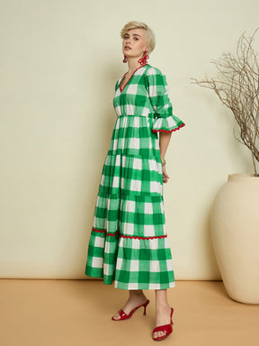 Green Big Check Tiered Maxi Dress-Pink Paprika By SASSAFRAS