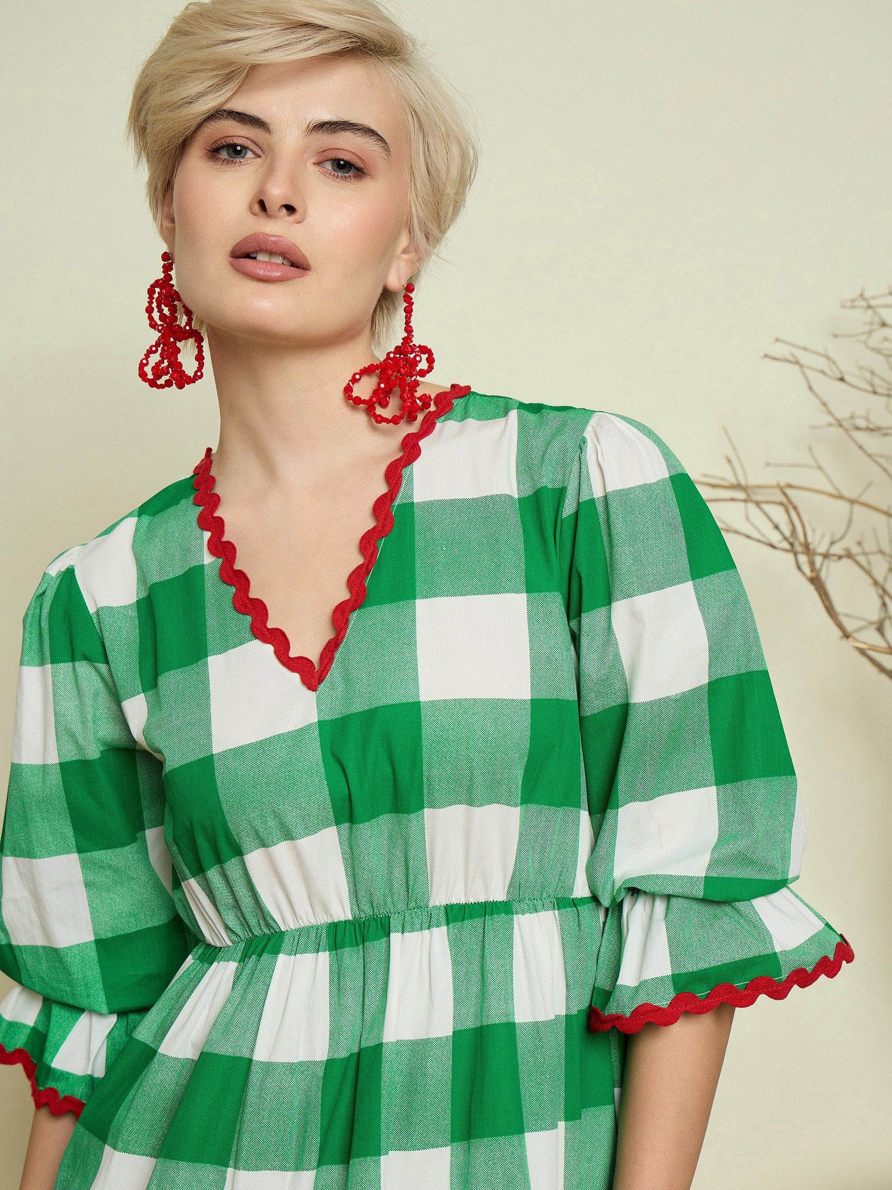 Green Big Check Tiered Maxi Dress-Pink Paprika By SASSAFRAS