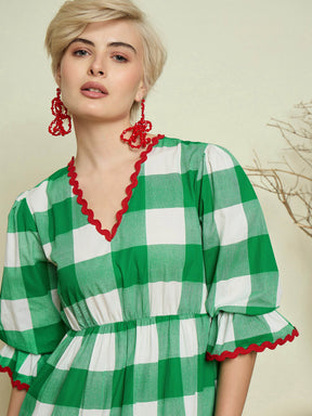 Green Big Check Tiered Maxi Dress-Pink Paprika By SASSAFRAS