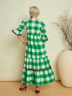 Green Big Check Tiered Maxi Dress-Pink Paprika By SASSAFRAS