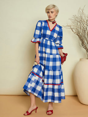 Blue Big Check Tiered Maxi Dress-Pink Paprika By SASSAFRAS