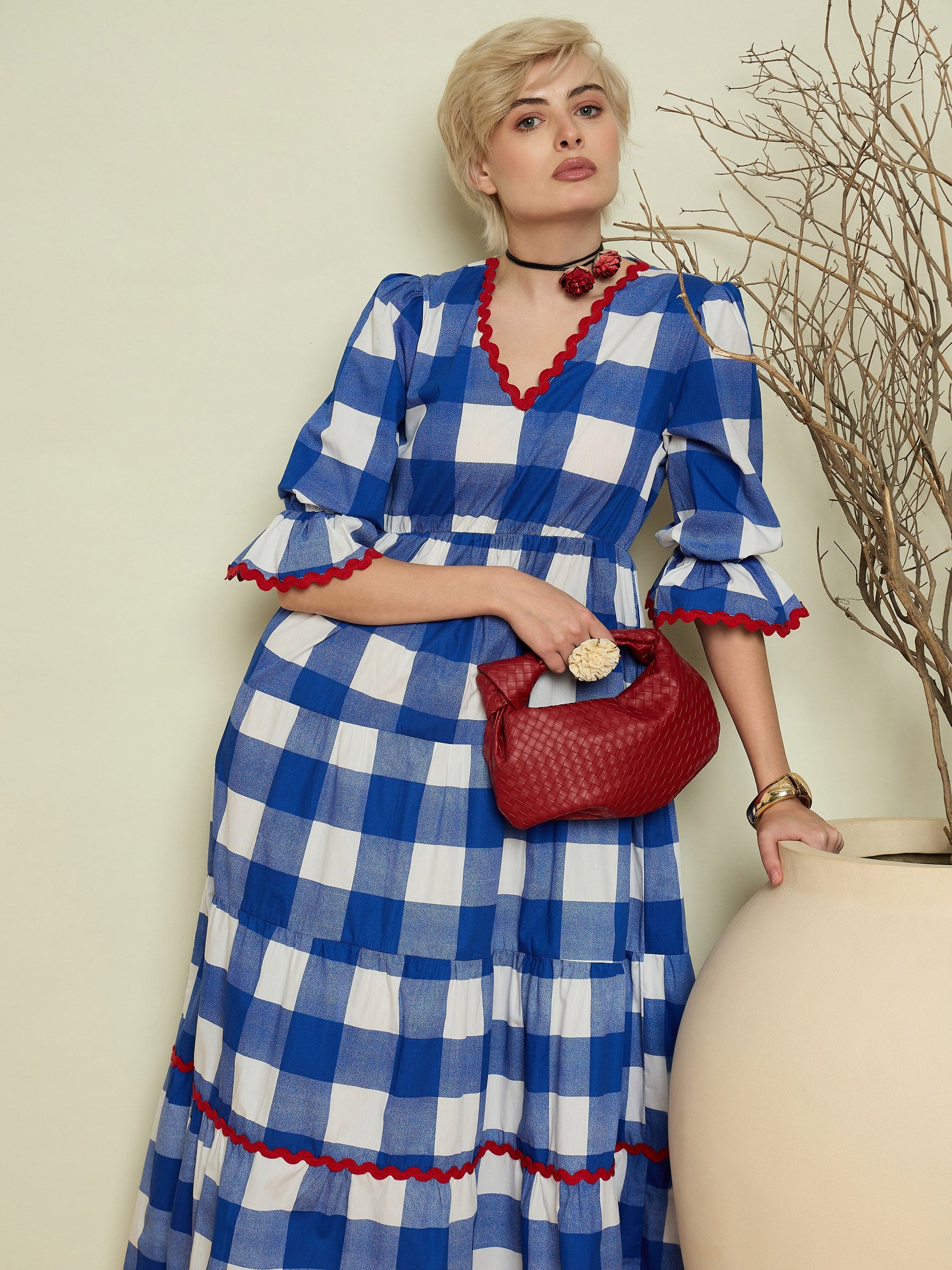 Blue Big Check Tiered Maxi Dress-Pink Paprika By SASSAFRAS