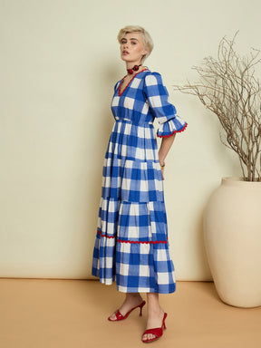 Blue Big Check Tiered Maxi Dress-Pink Paprika By SASSAFRAS