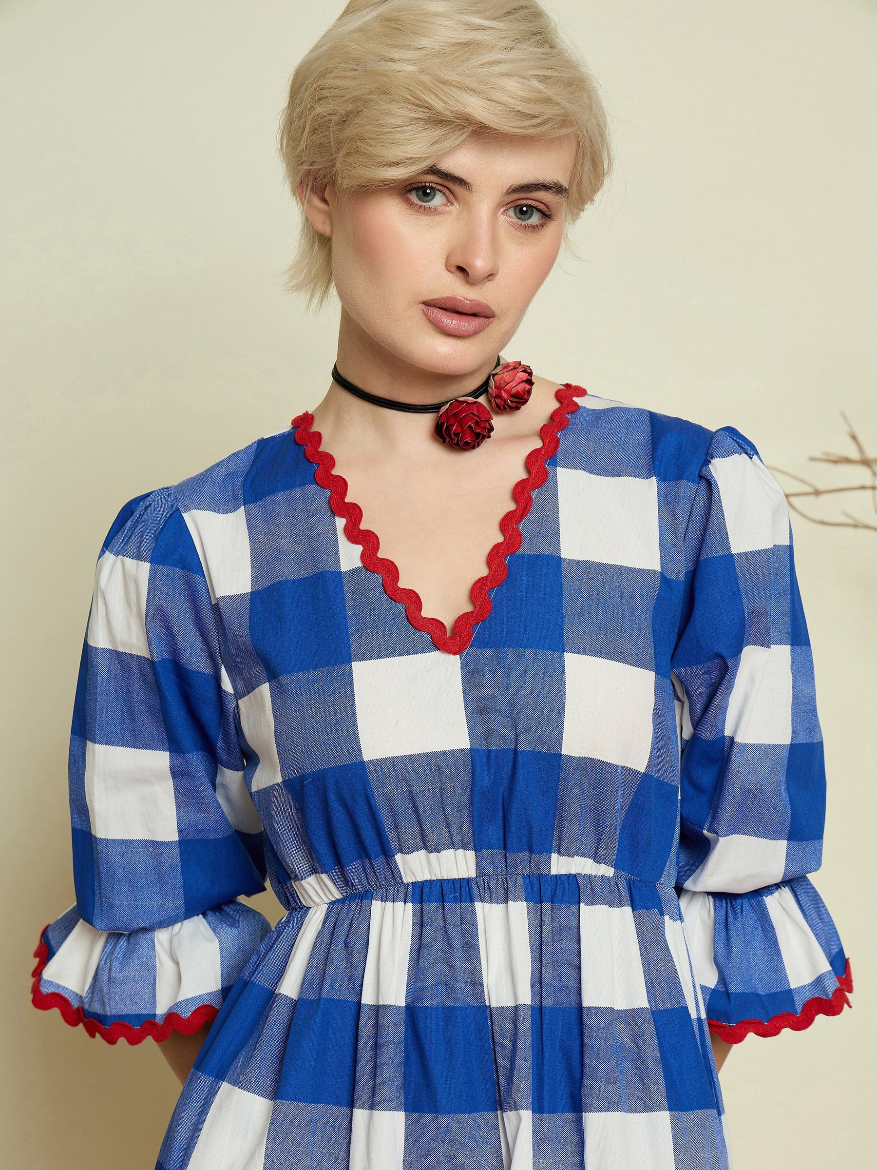 Blue Big Check Tiered Maxi Dress-Pink Paprika By SASSAFRAS