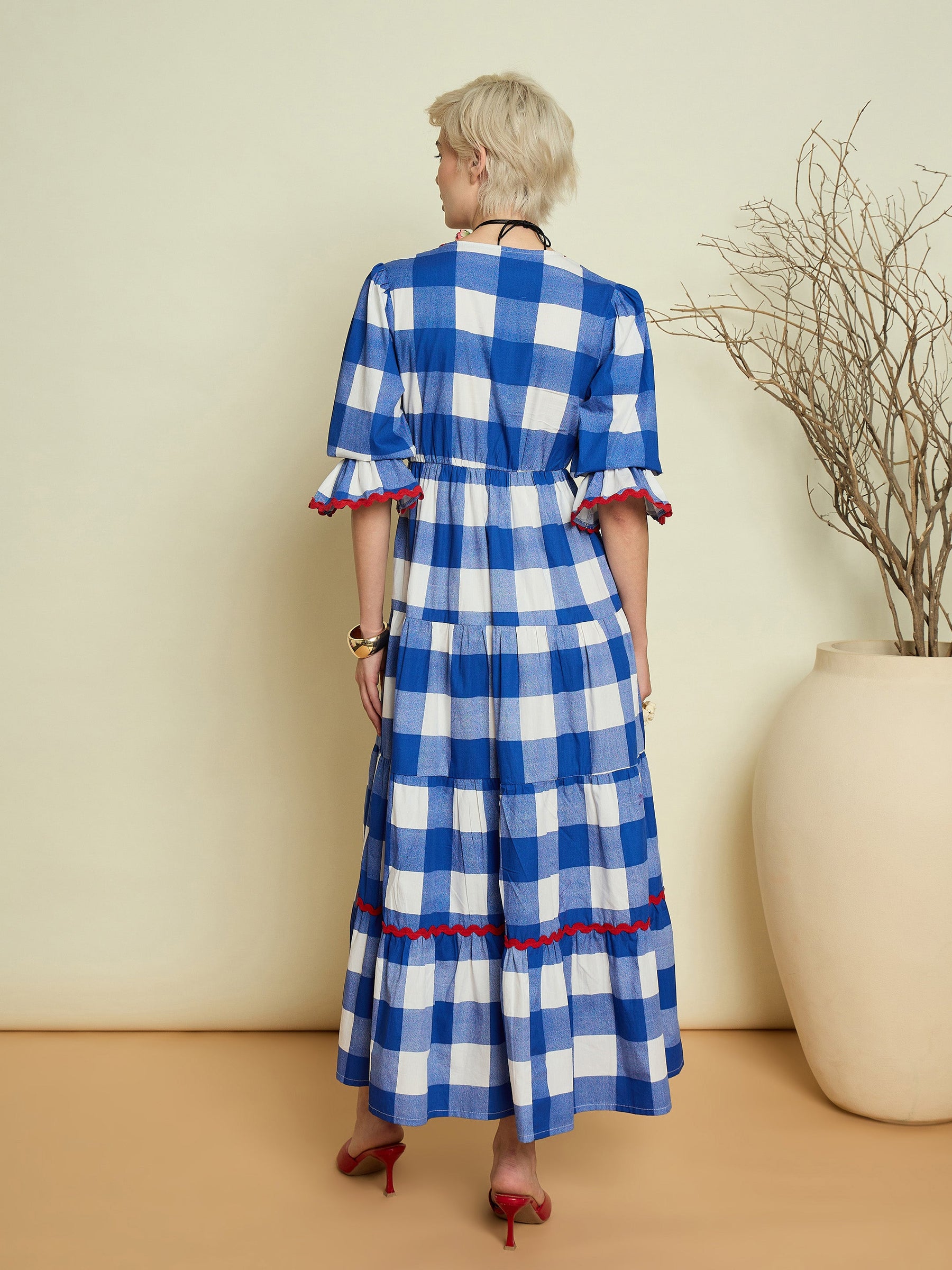 Blue Big Check Tiered Maxi Dress-Pink Paprika By SASSAFRAS