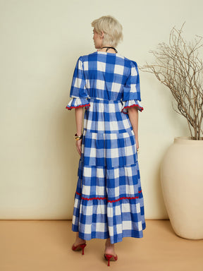 Blue Big Check Tiered Maxi Dress-Pink Paprika By SASSAFRAS