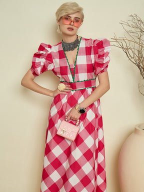 Pink Big Check A-Line Midi Dress-Pink Paprika By SASSAFRAS