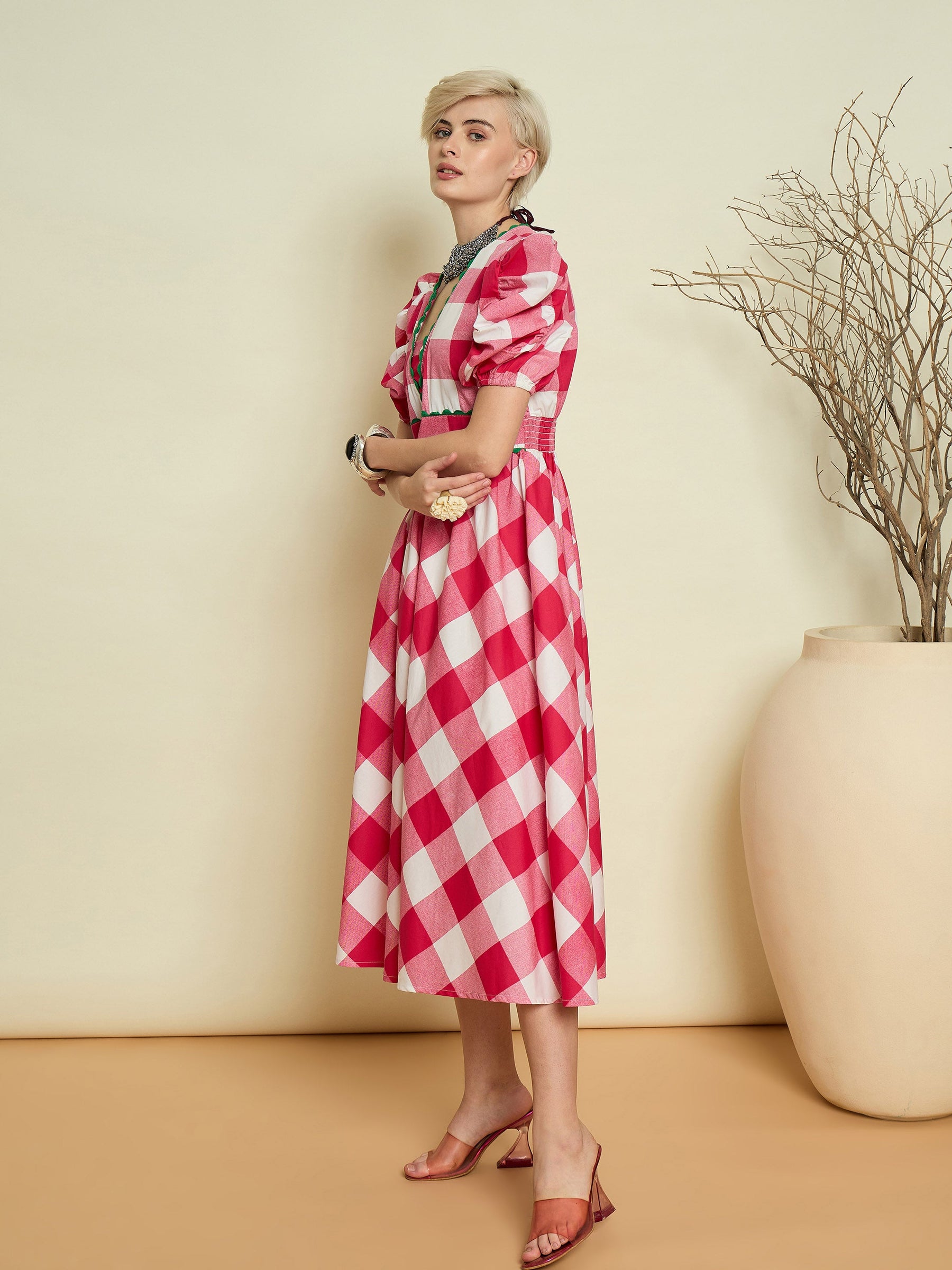 Pink Big Check A-Line Midi Dress-Pink Paprika By SASSAFRAS
