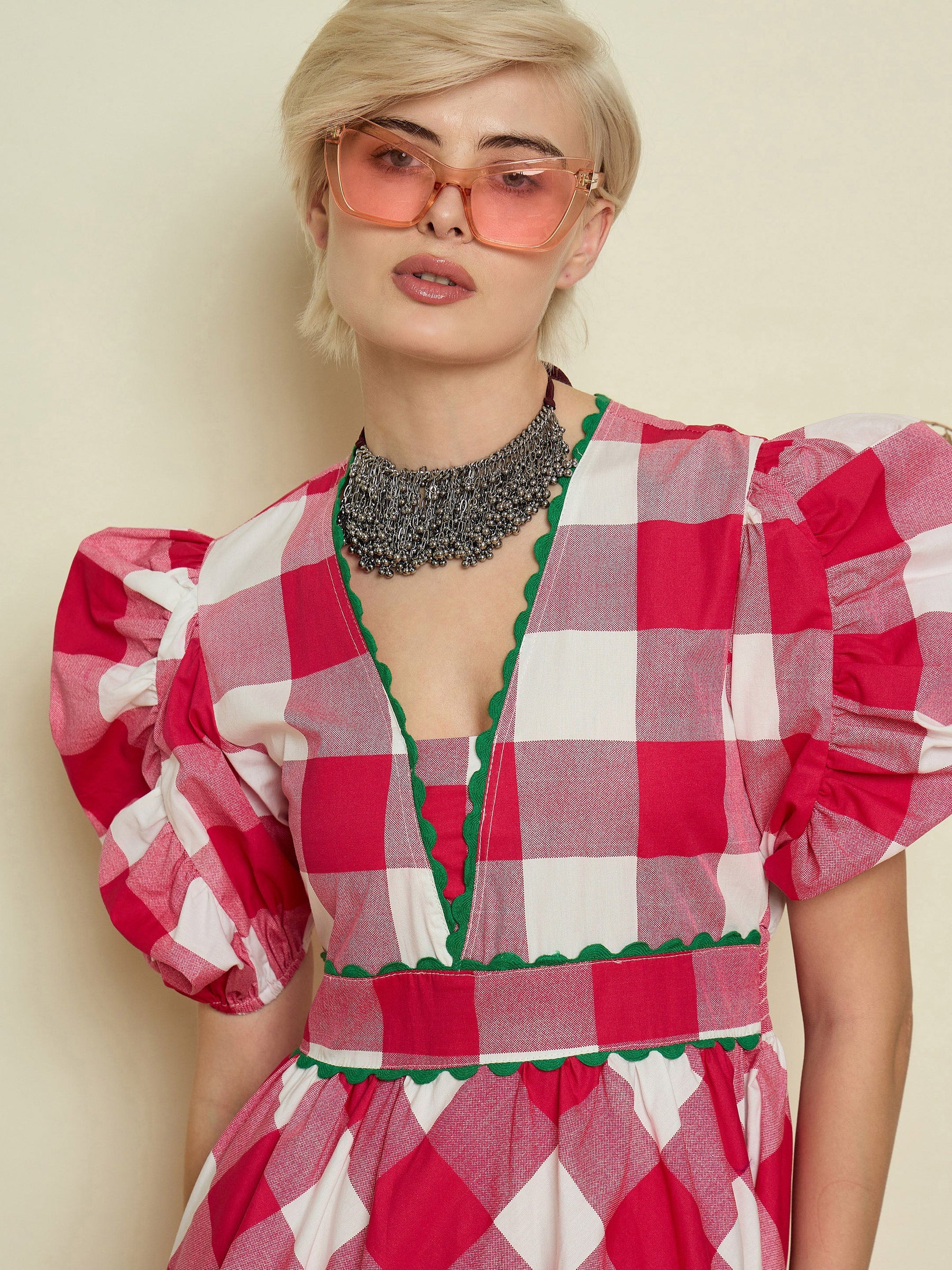 Pink Big Check A-Line Midi Dress-Pink Paprika By SASSAFRAS