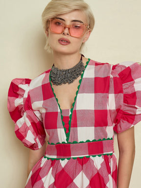 Pink Big Check A-Line Midi Dress-Pink Paprika By SASSAFRAS